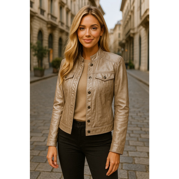 Alfani Metallic Genuine Leather Jacket Shiny Bronze Textured Moto Streetwear Y2K - Picture 1 of 10